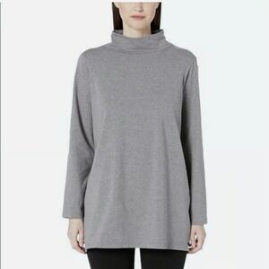 Sz M- Eileen Fisher Funnel Mock Neck Heather Grey Long Sleeve Tunic‎ Top